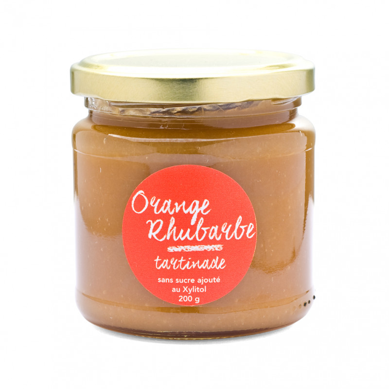 Tartinade Orange-Rhubarbe sans sucre ajouté au xylitol pour diabétique.